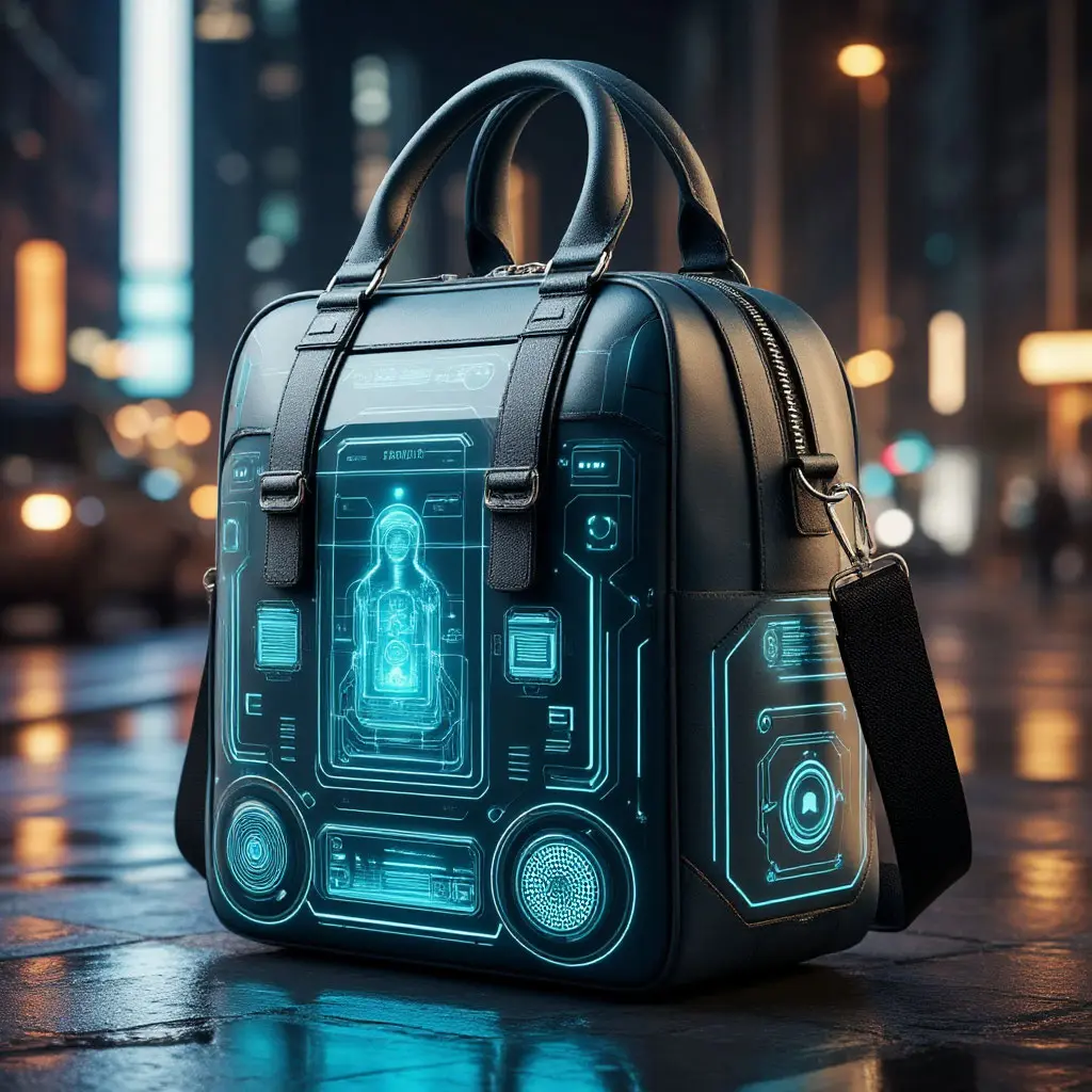 Концепт-изображение умной сумки будущего с технологическими элементами.webp