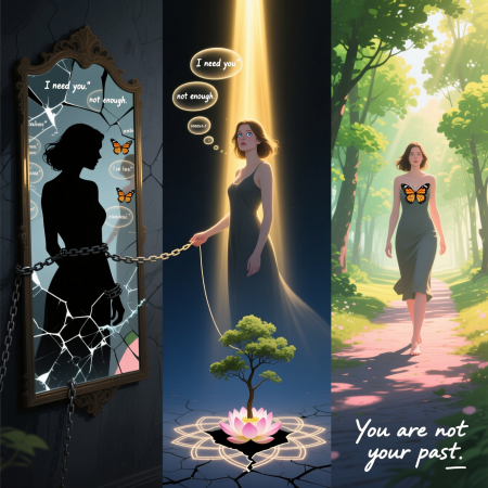 <img src="emotional-dependency-healing-transformation-journey.jpg" alt="Woman's psychological journey from emotional dependency on ex to self-healing, freedom, and personal transformation through awareness">