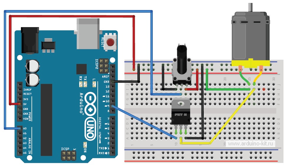 Arduino проект 11: Транзистор MOSFET. Показываем усилительные качества транзистора. На примере электродвигателя изменяем обороты