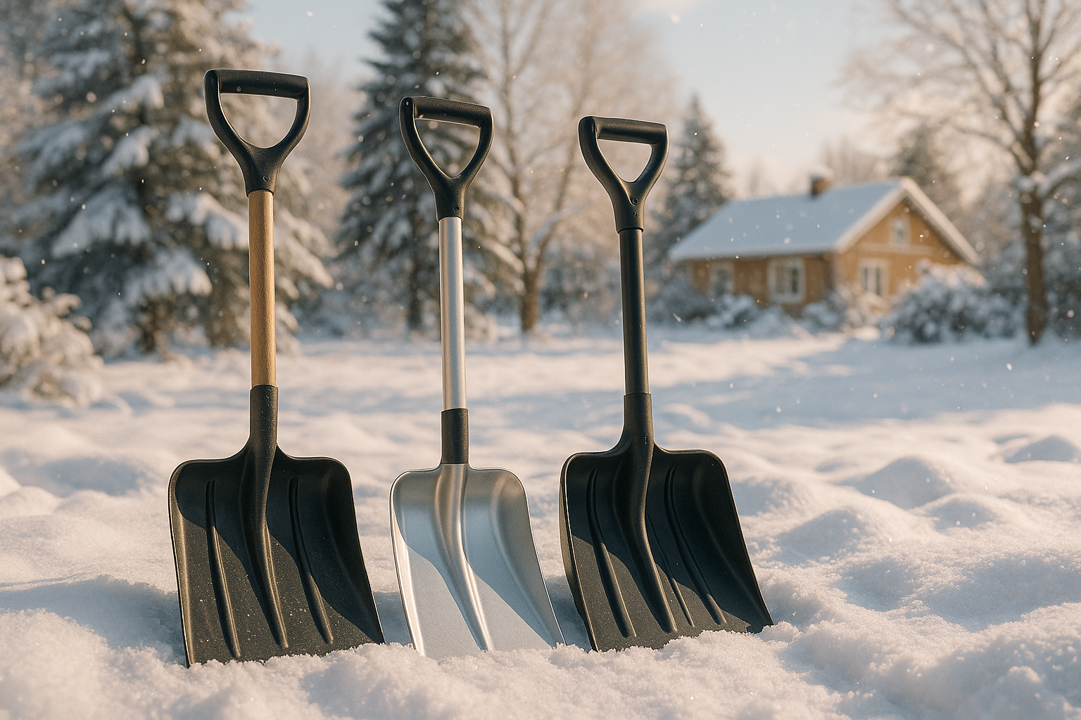 Разные виды снеговых лопат из пластика, алюминия и стали для уборки снега