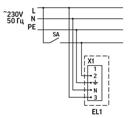 Электрическая схема подключения светодиодного светильник с БАП постоянного действия Strong EM 600 IP65 Varton