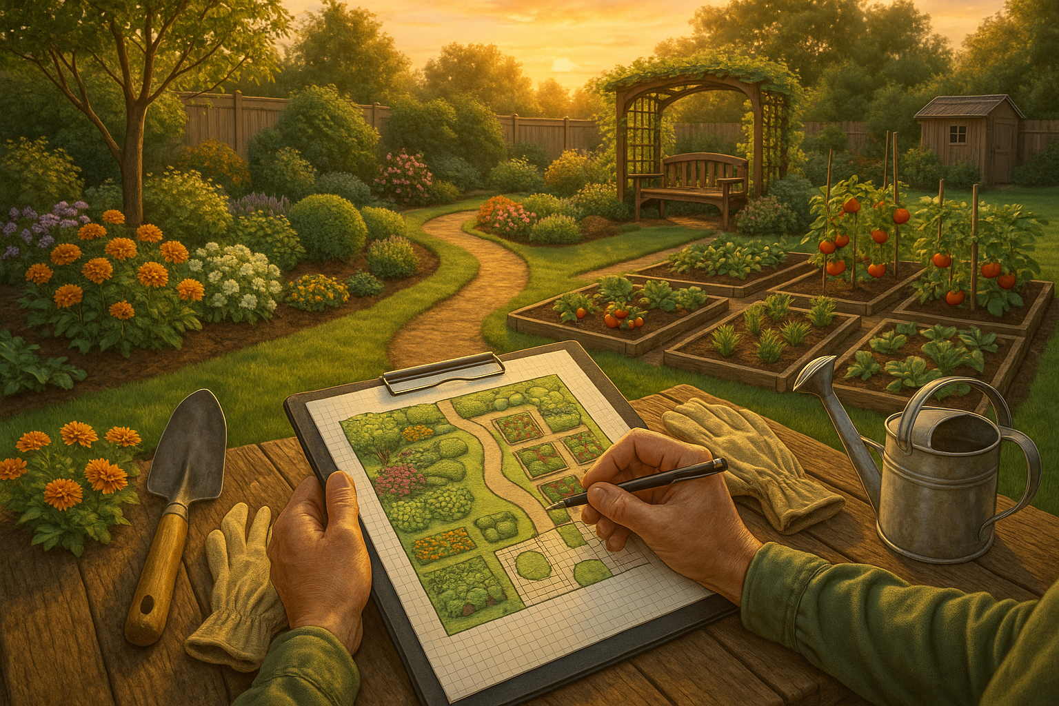 Схема планировки территории земельного участка с домом, зонами отдыха, огородом и инженерными коммуникациями