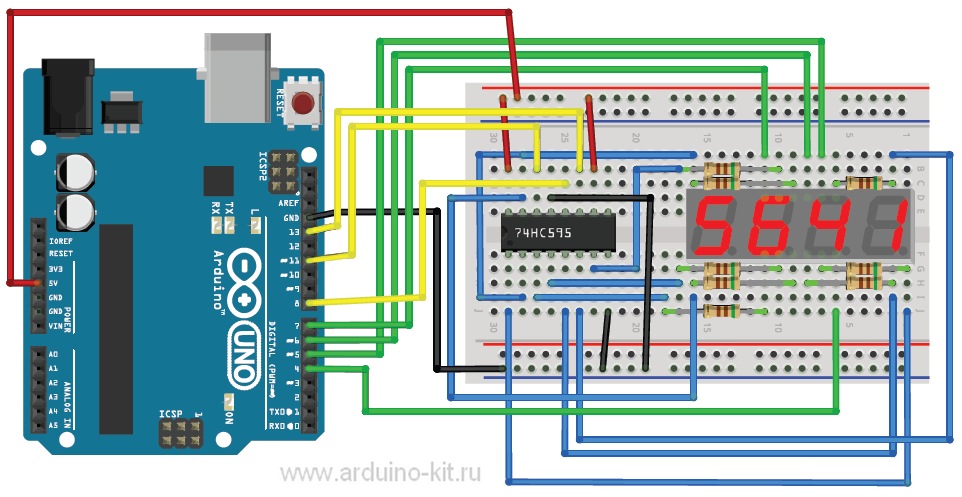 Arduino проект 8: Микросхема сдвигового регистра 74НС595. Управляем матрицей из 4 разрядов, экономим выходы Arduino