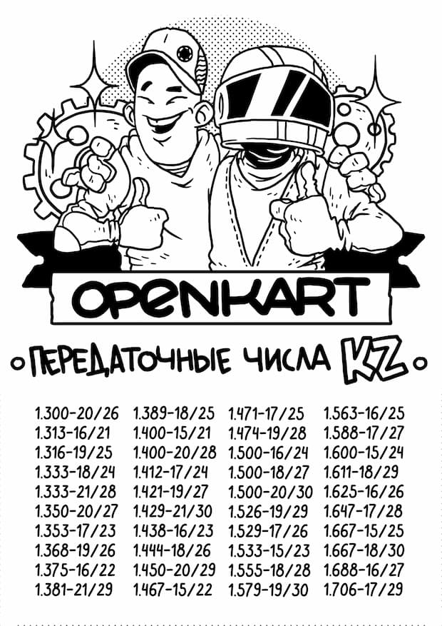 Таблица передаточных чисел KZ для картинга &mdash; чёрно-белая версия на русском языке