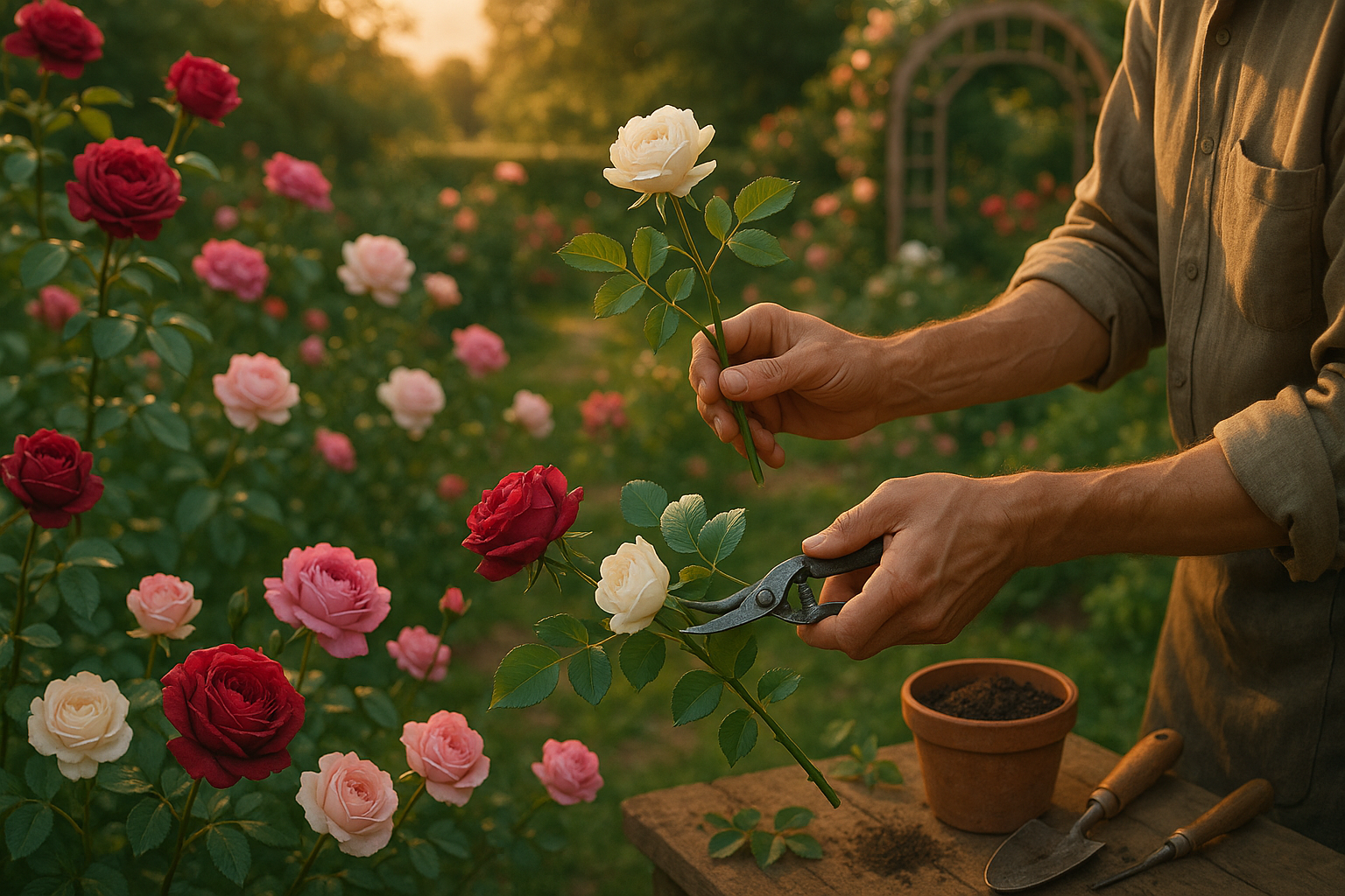 Черенок розы, укореняющийся в земле под пластиковой бутылкой с парниковым эффектом