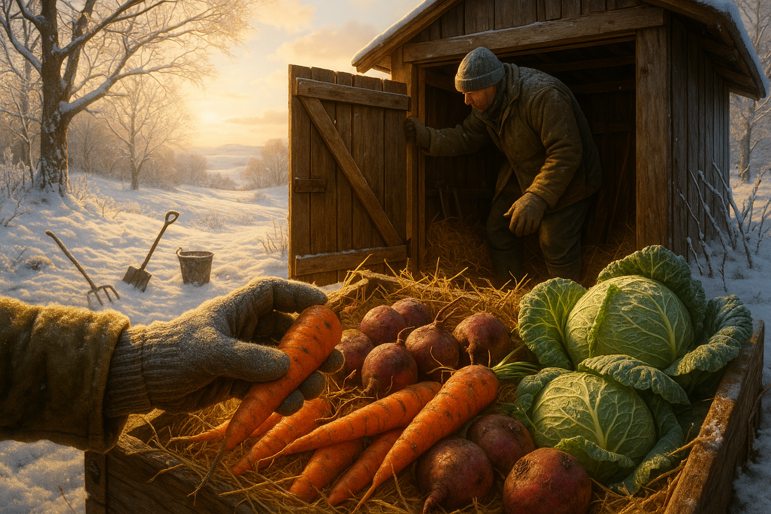 Корзина со свежими овощами и фруктами для зимнего хранения в темном прохладном помещении