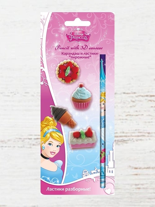Детский канцелярский набор Принцессы - карандаш, 4 ластика
