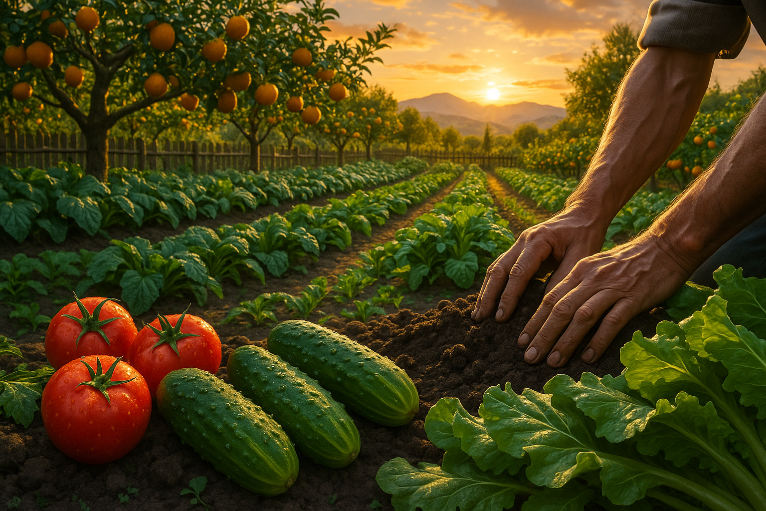 Огородник ухаживает за грядками с овощами, полив растений капельной системой, здоровые растения на огороде