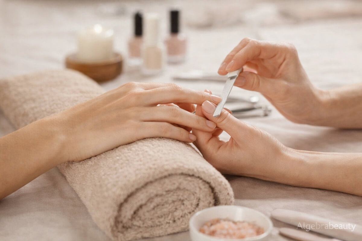 Мастер аккуратно обрабатывает кутикулу во время маникюра