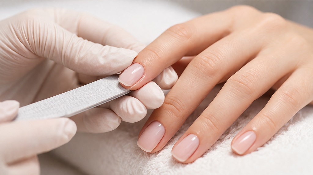 Бережная обработка кутикулы пилкой во время пилочного маникюра