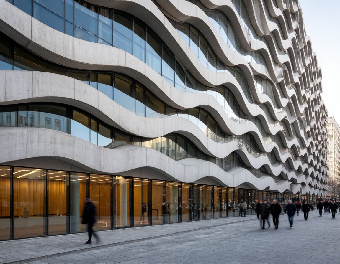 Современное здание со сложной облицовкой из стеклофибробетонных панелей на вентфасаде