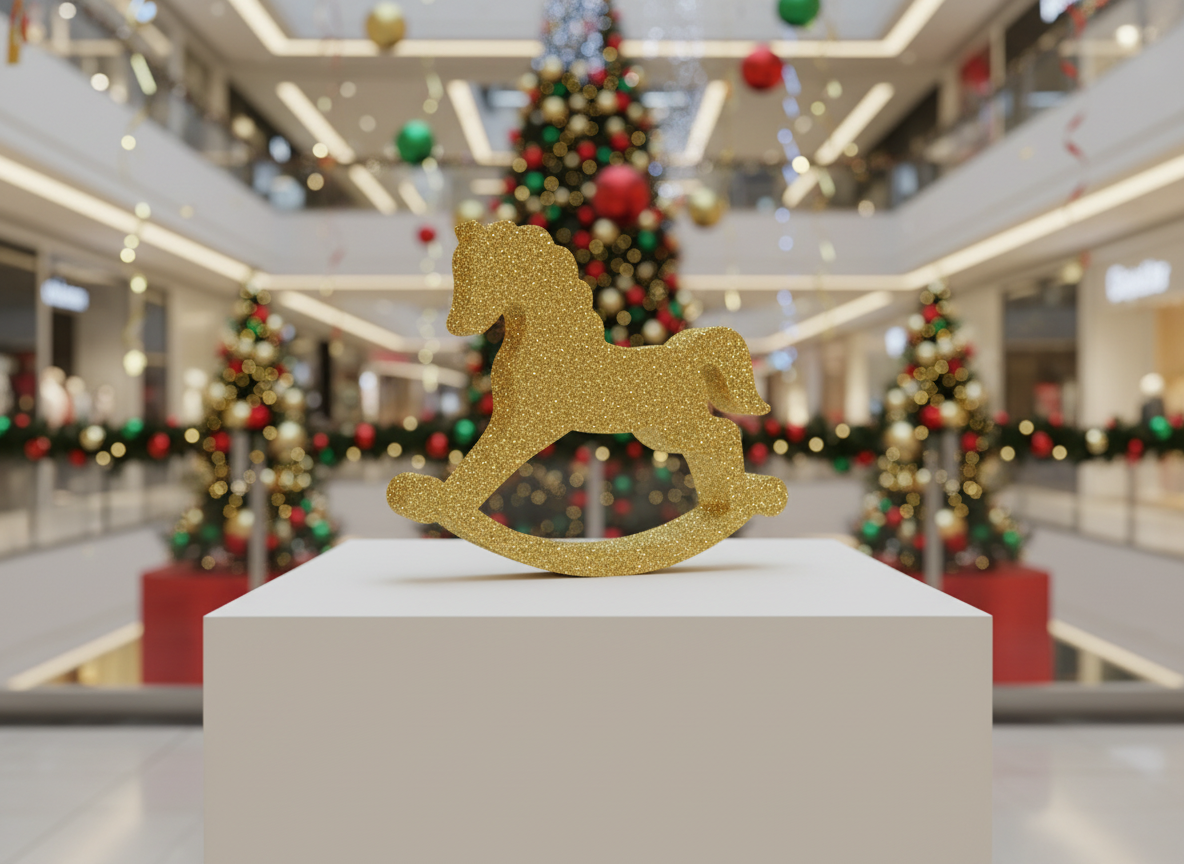 Лошадка-качалка новогодняя. Лошадка-качалка из пенопласта покрытая глиттером, стоит ТЦ.