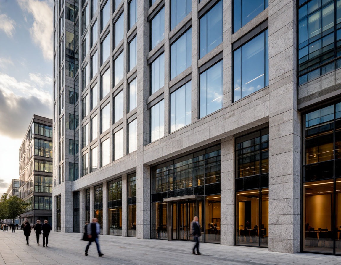 Фрагмент фасада с рельефными стеклофибробетонными панелями на алюминиевой подсистеме