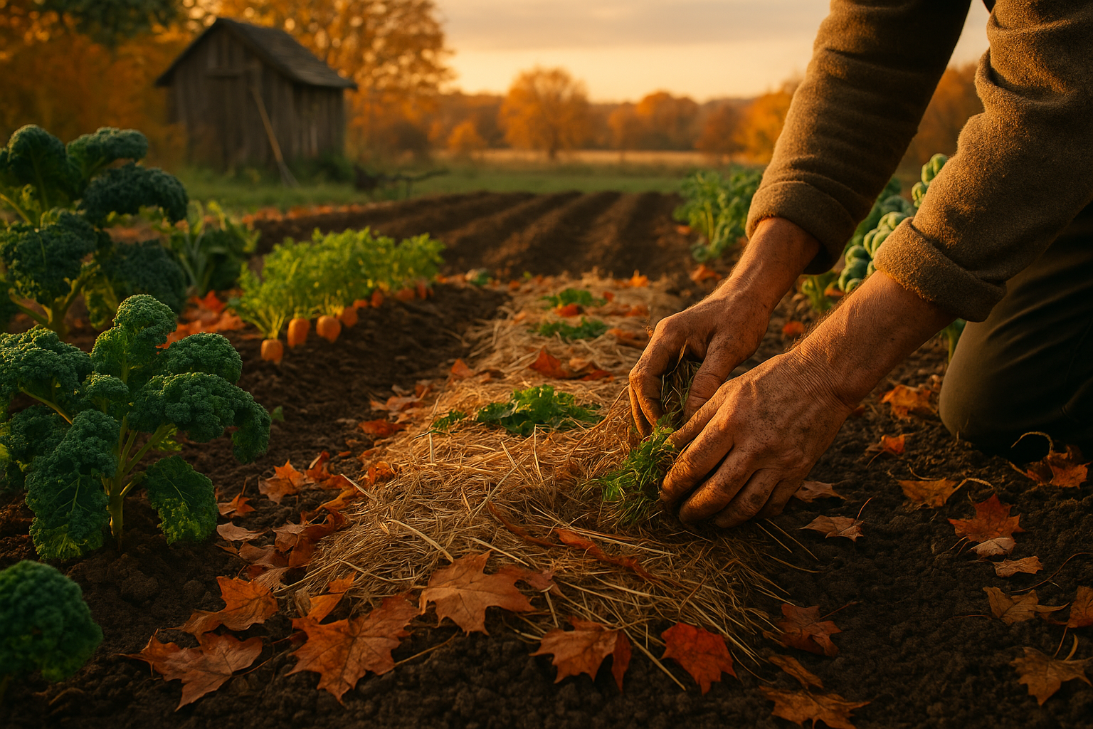 Огород, подготовленный к зиме: покрытые мульчей грядки и защищённые растения на фоне осеннего сада
