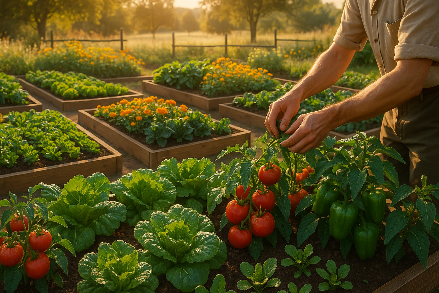 Красивые высокие деревянные и металлические грядки с овощами и зеленью на дачном участке в ландшафтном дизайне