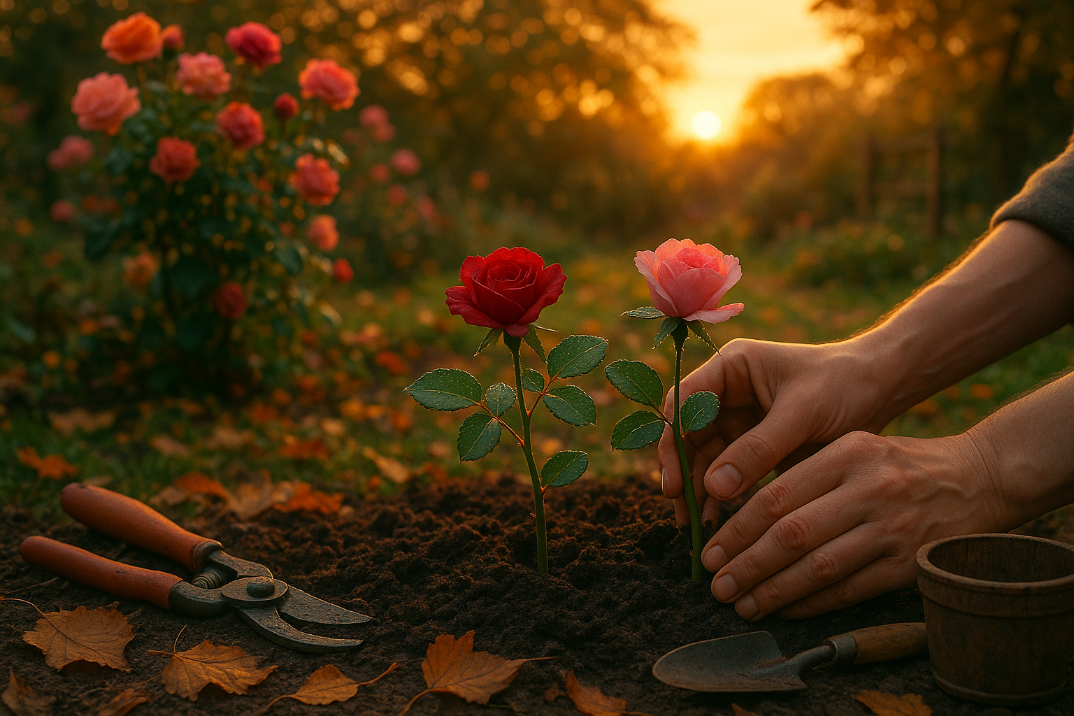 Черенки роз, подготовленные и посаженные в грунт осенью после обрезки для размножения