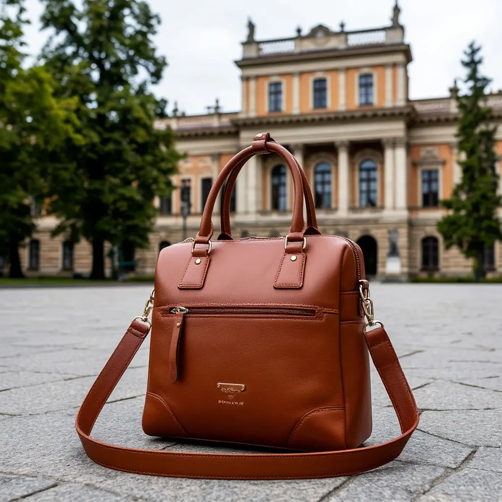 Стильная современная сумка на фоне исторического здания &mdash; связь времен.webp