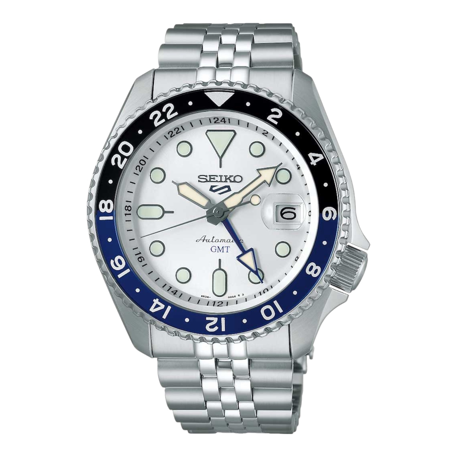 Seiko SSK033K1 silver GMT Seiko 5 Sports SSK033K1 — серебристо-белый циферблат с сине-чёрным GMT-безелем
