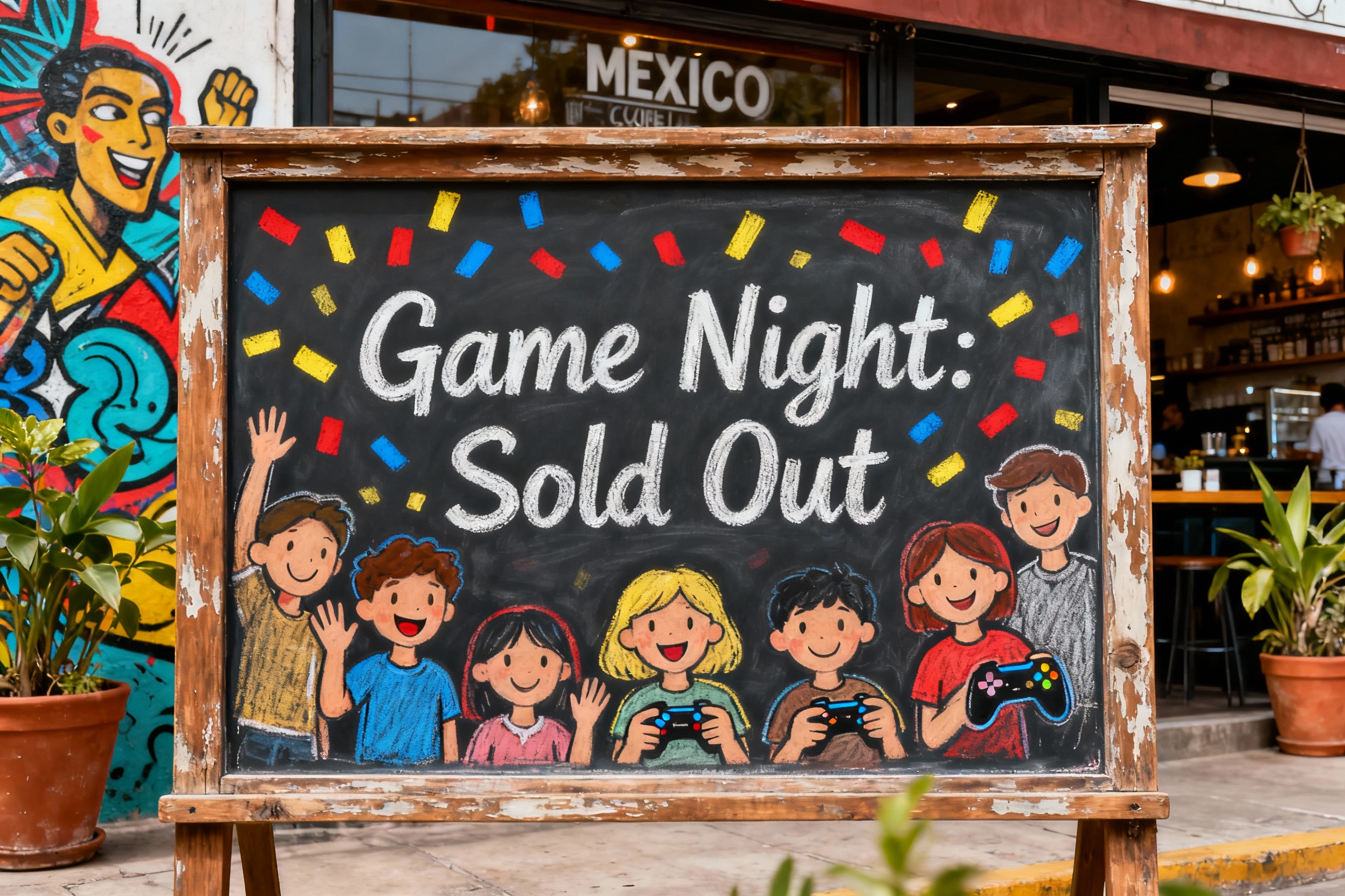 <img src="sold-out-board.jpg" alt="Sold out game night Mexico City cafe chalkboard confetti">