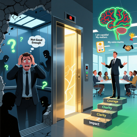 <img src="imposter-syndrome-consultant-elevator-breakthrough.jpg" alt="Consultant overcoming imposter syndrome and self-doubt trapped in elevator metaphor achieving professional confidence in client counseling">