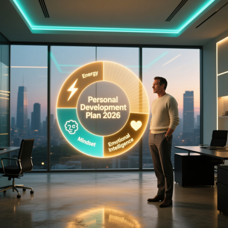 <img src="personal-development-plan-2026.jpg" alt="A person visualizing their 2026 personal development plan with a holographic interface focusing on energy and mindset">