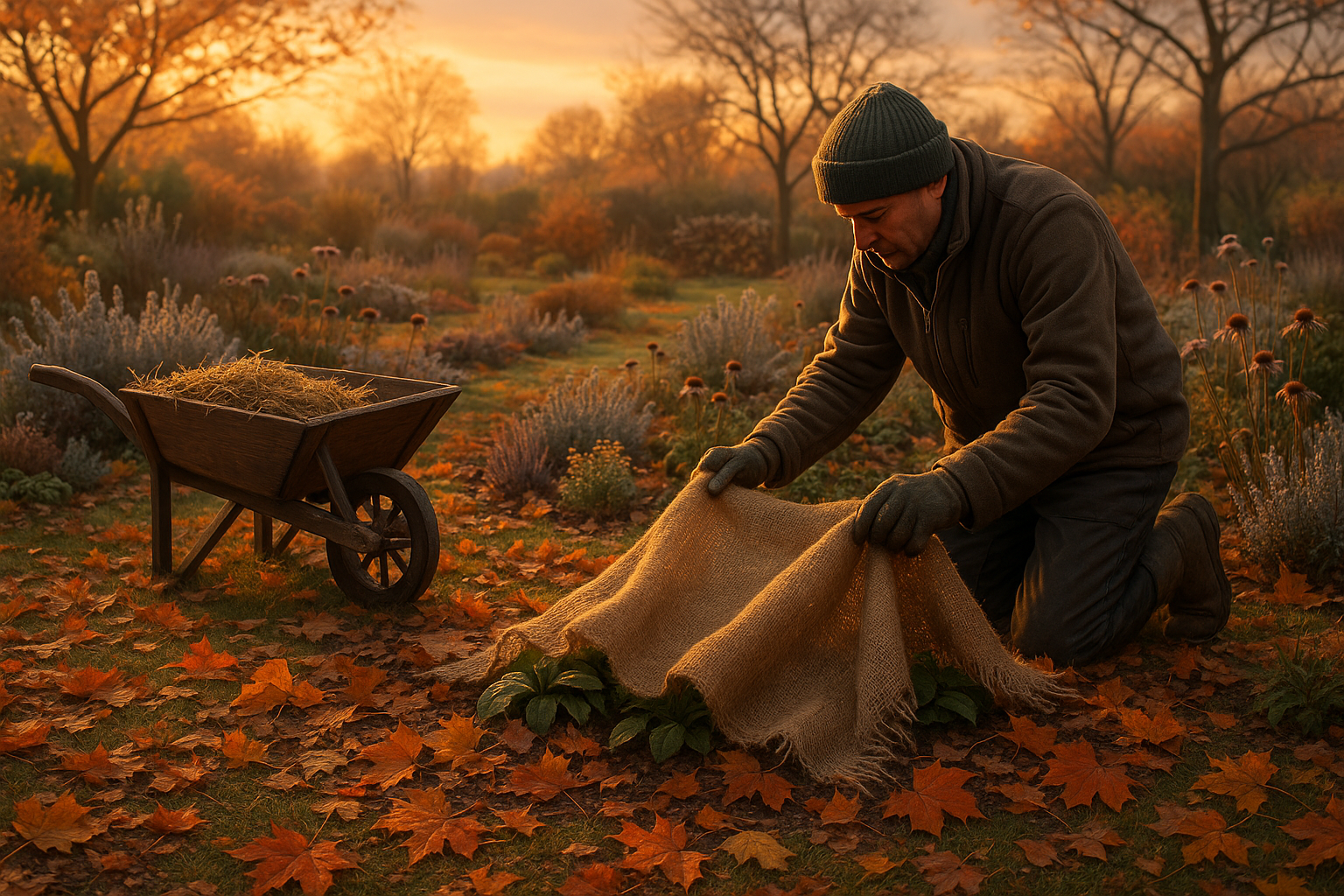 Вид садового участка, покрытого снегом, с ветрозащитными заслонами и укрытыми деревьями. Иллюстрация еженедельных зимних работ: утаптывание снега, стряхивание с ветвей, проверка укрытий, подготовка рассады и инвентаря.