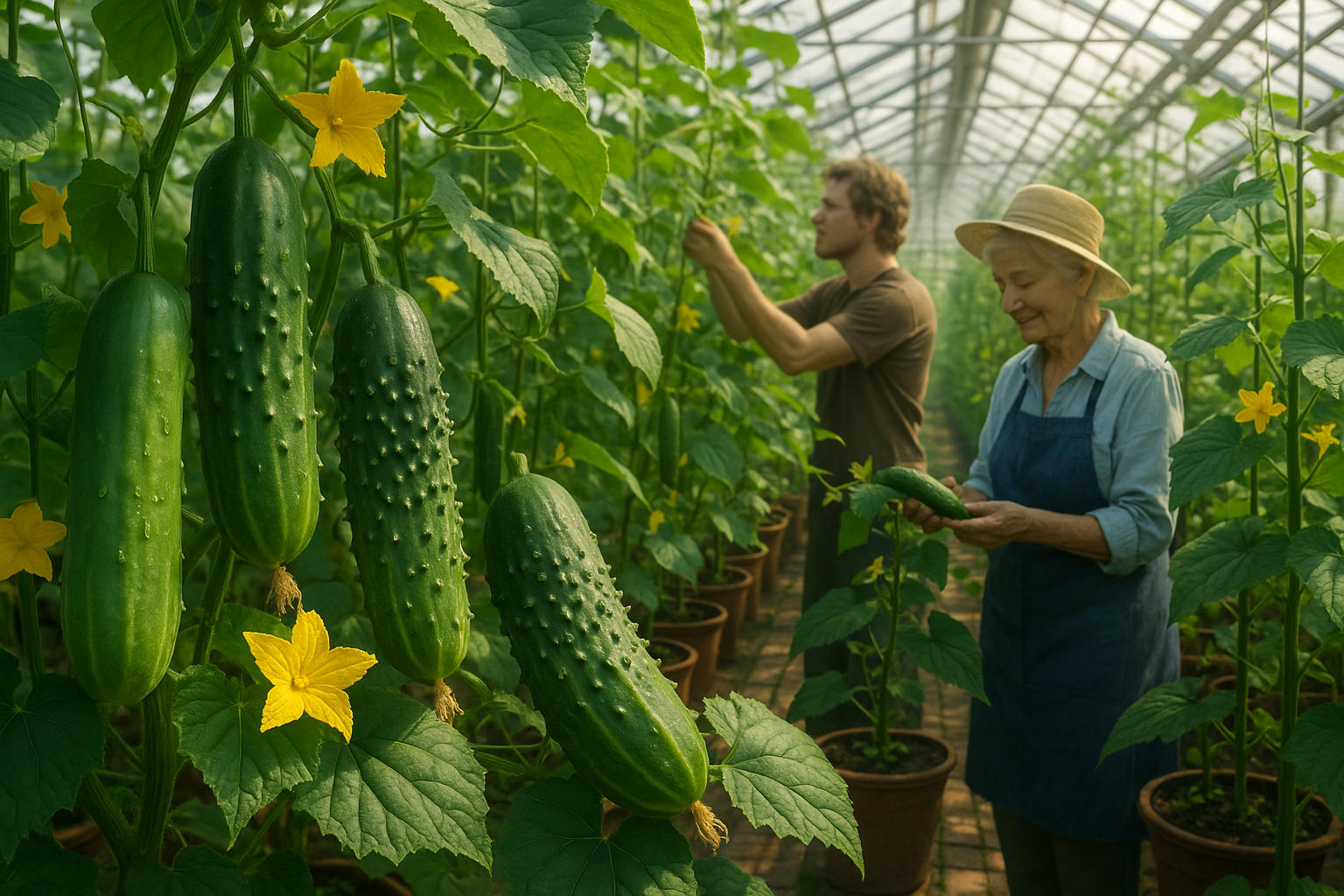 Свежие огурцы разных сортов, выращенные в теплице, на фоне зеленых листьев и поликарбонатной конструкции теплицы