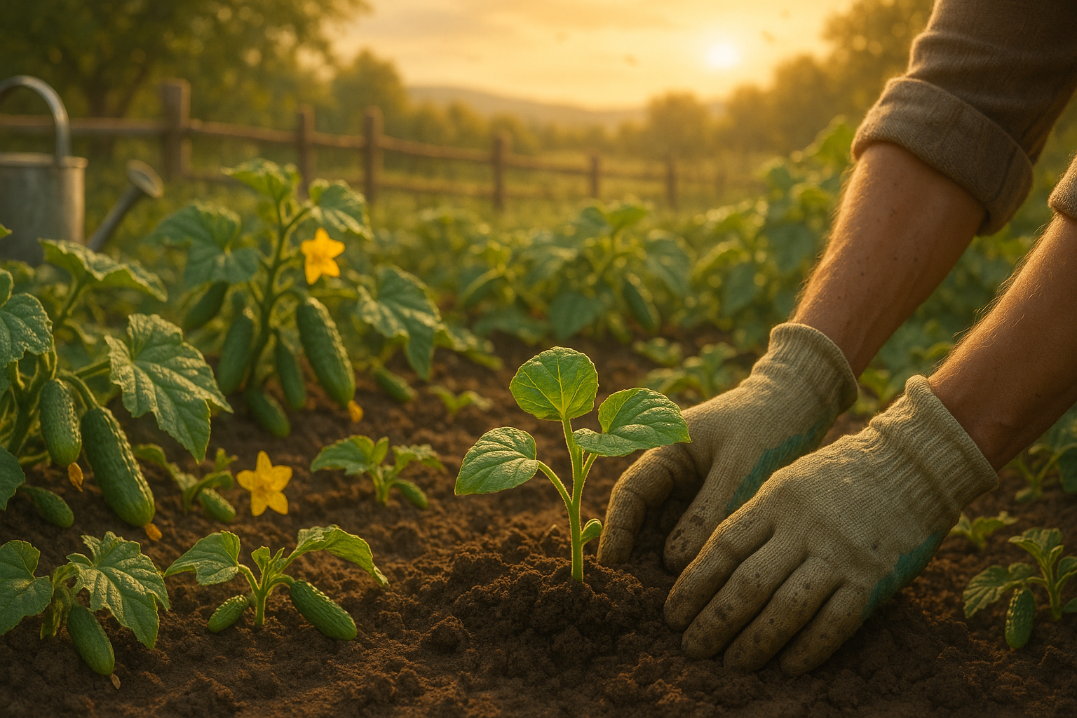 Грядка с огурцами в открытом грунте