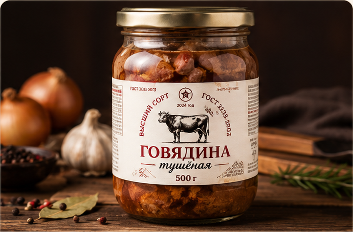 Говядина тушёная высший сорт в стеклянной банке 500 г