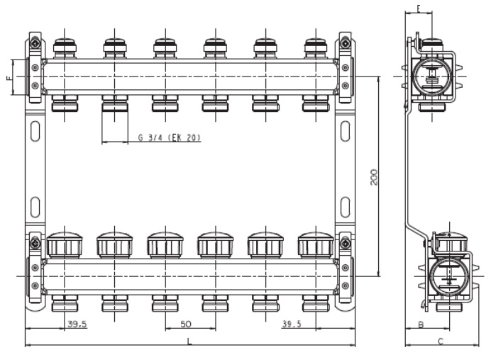 Габариты коллекторного блока Valtec VTc.582.EMNX.0603