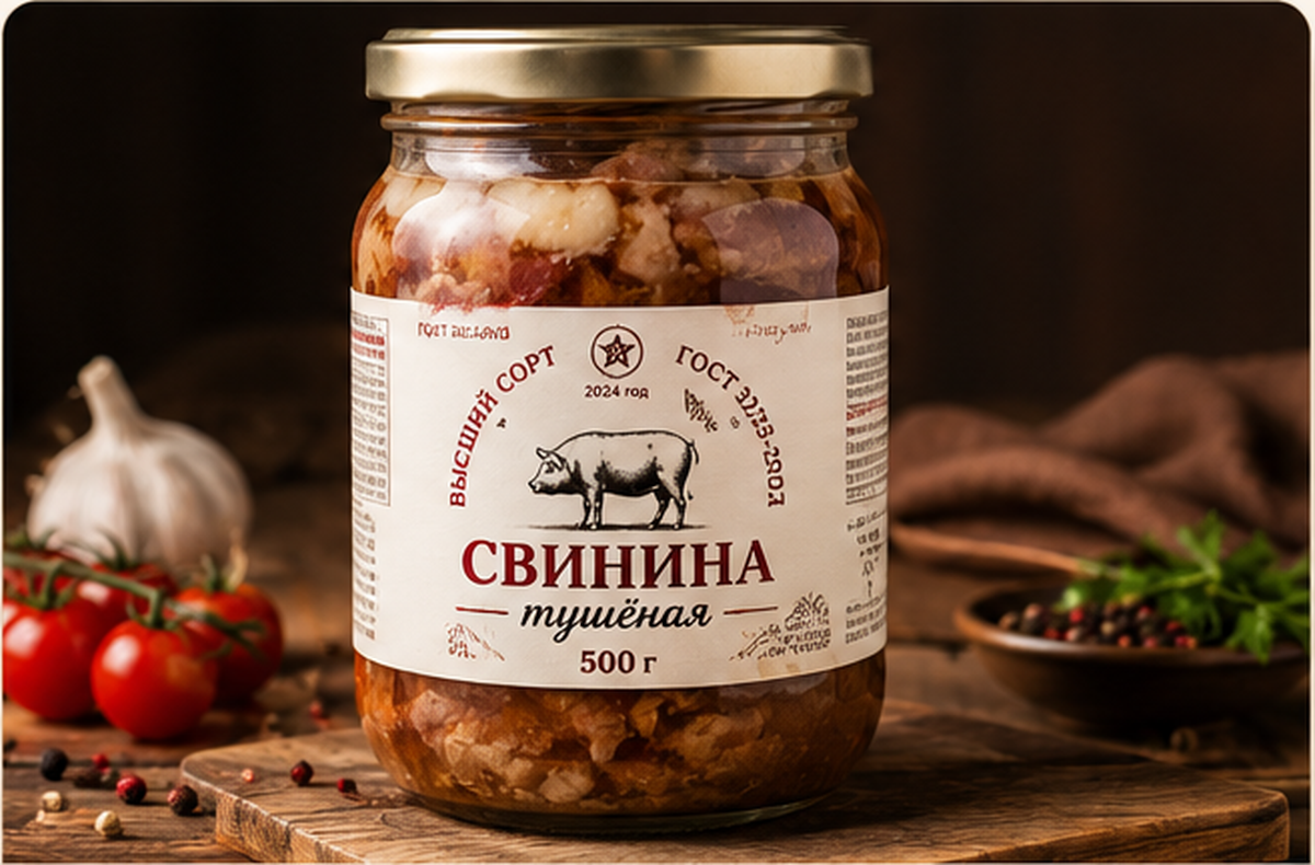 Свинина тушёная высший сорт в стеклянной банке 500 г