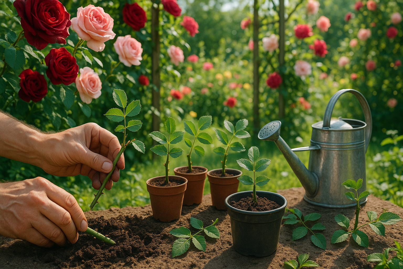 Плетистая роза с цветущими побегами в процессе размножения черенками под плёнкой