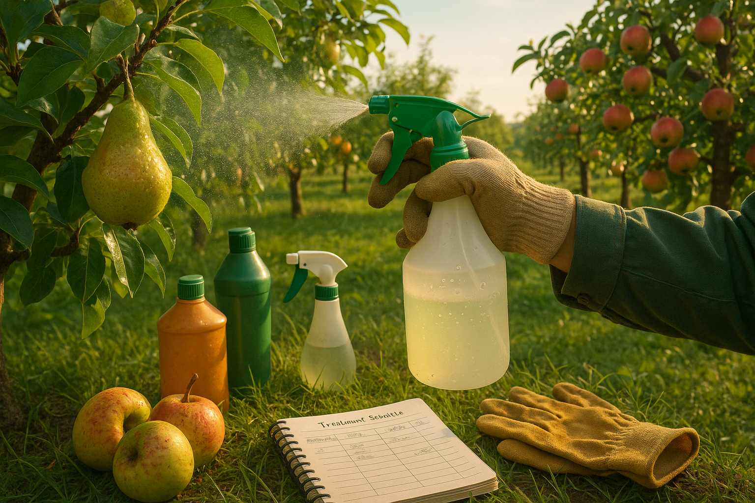 Яблоня и груша с листовыми повреждениями от вредителей и признаками болезней, средства для обработки и защиты