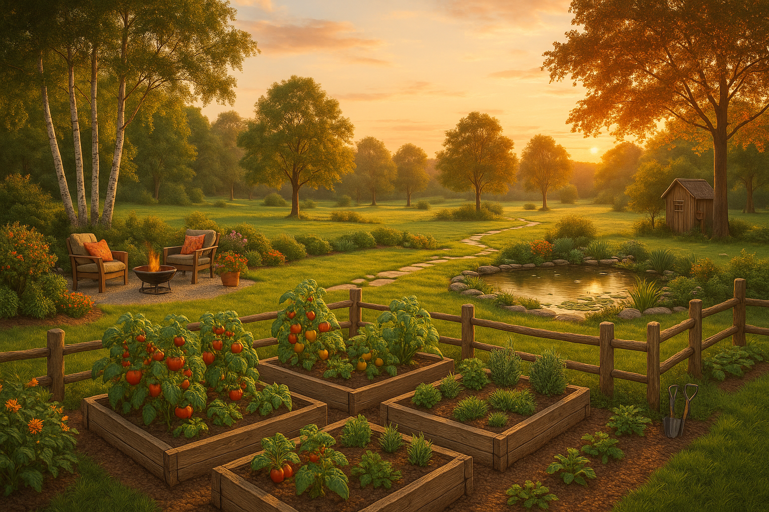 Схема планировки территории земельного участка с домом, зонами отдыха, огородом и инженерными коммуникациями