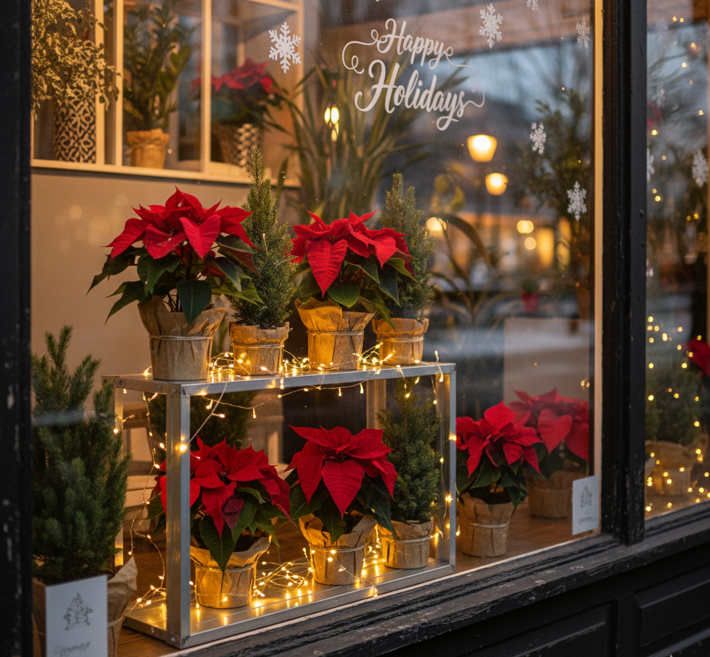 Украшения новогодней витрины, рисунки на стёклах и гирлянды