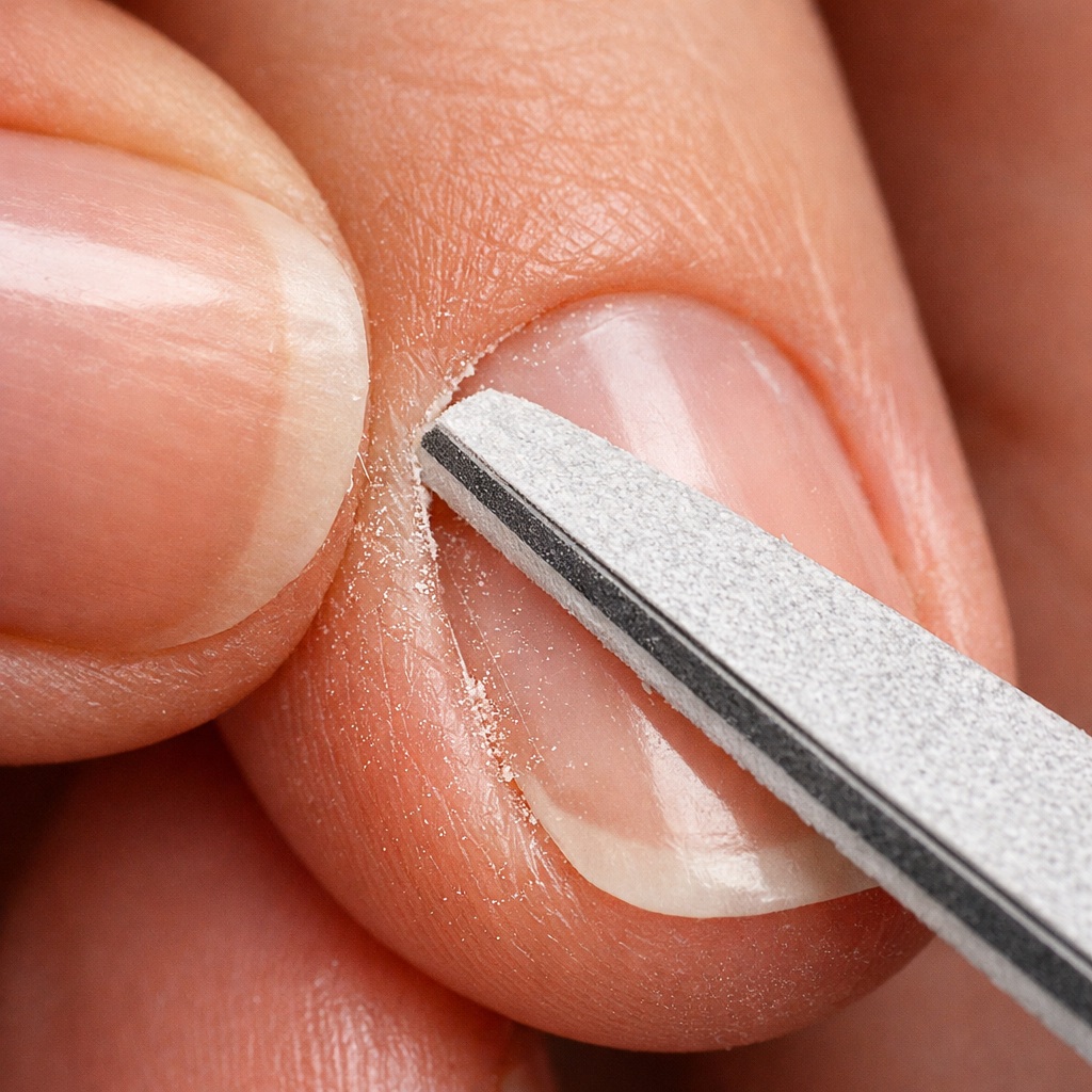 Пилка аккуратно обрабатывает кутикулу при пилочном маникюре крупным планом