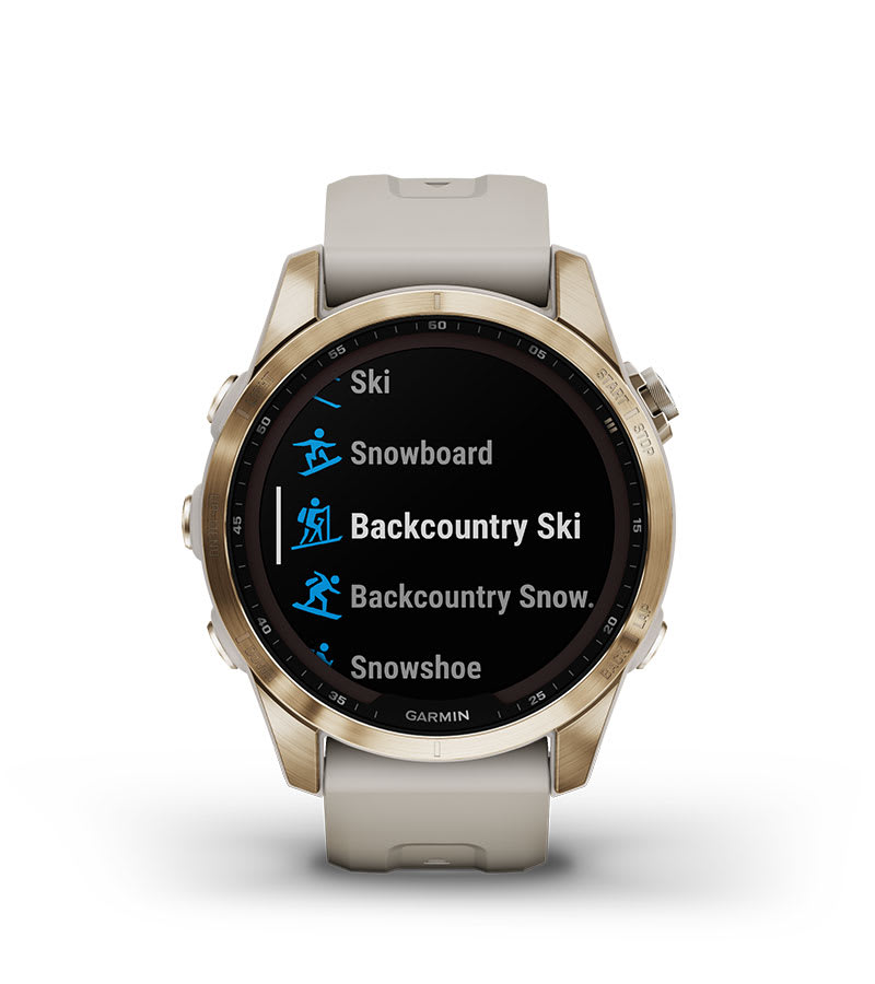 Умные часы Garmin Fenix 7S Sapphire Solar титановый кремово-золотой с светло-песочным силиконовым ремешком: ГОРНЫЕ ЛЫЖИ И СНОУБОРД ВНЕ ТРАСС