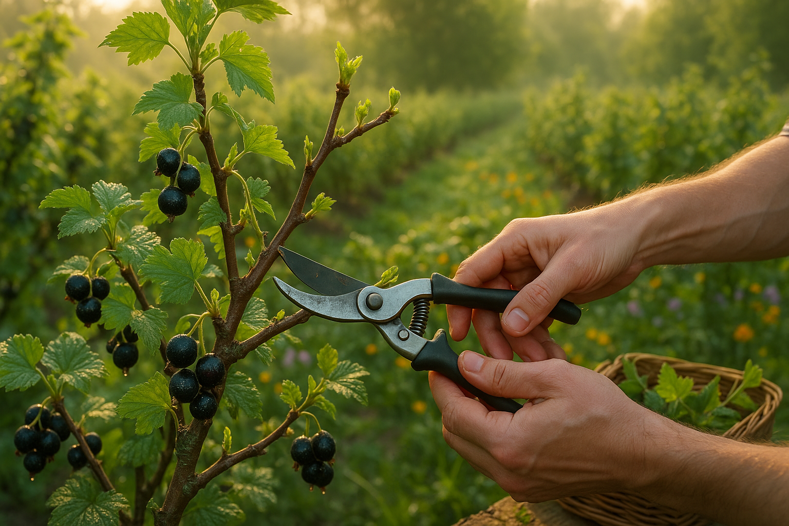 Процесс обрезки смородинового куста секатором весной для здоровья и урожайности