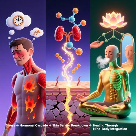 <img src="atopic-dermatitis-stress-healing-transformation.jpg" alt="Illustration showing how stress and anxiety cause atopic dermatitis and psychological healing through meditation and support leads to skin recovery">