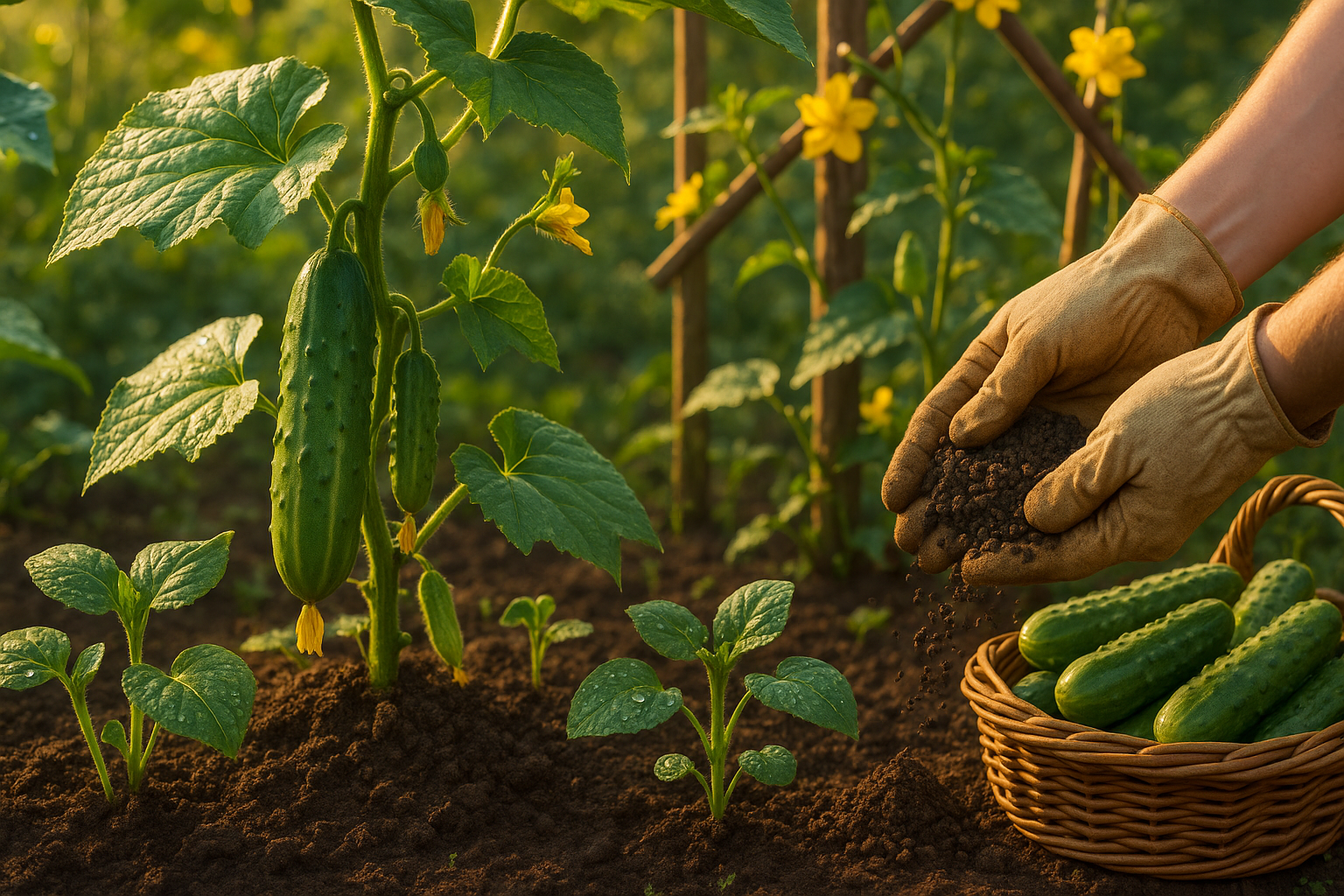 Огурцы на грядке с правильным уходом и подкормкой