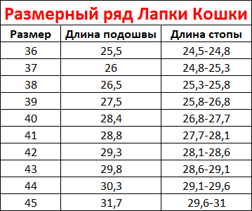 Размерный ряд тапочек Лапки Кошки