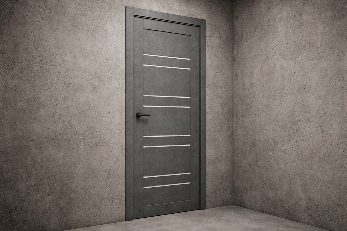 Серая межкомнатная дверь в комнате с бетонными стенами