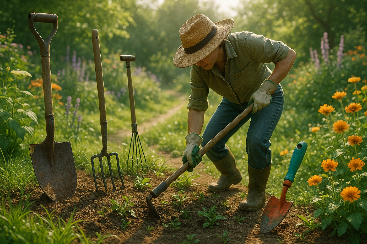 Изображение садовой мотыги для рыхления почвы и удаления сорняков в огороде