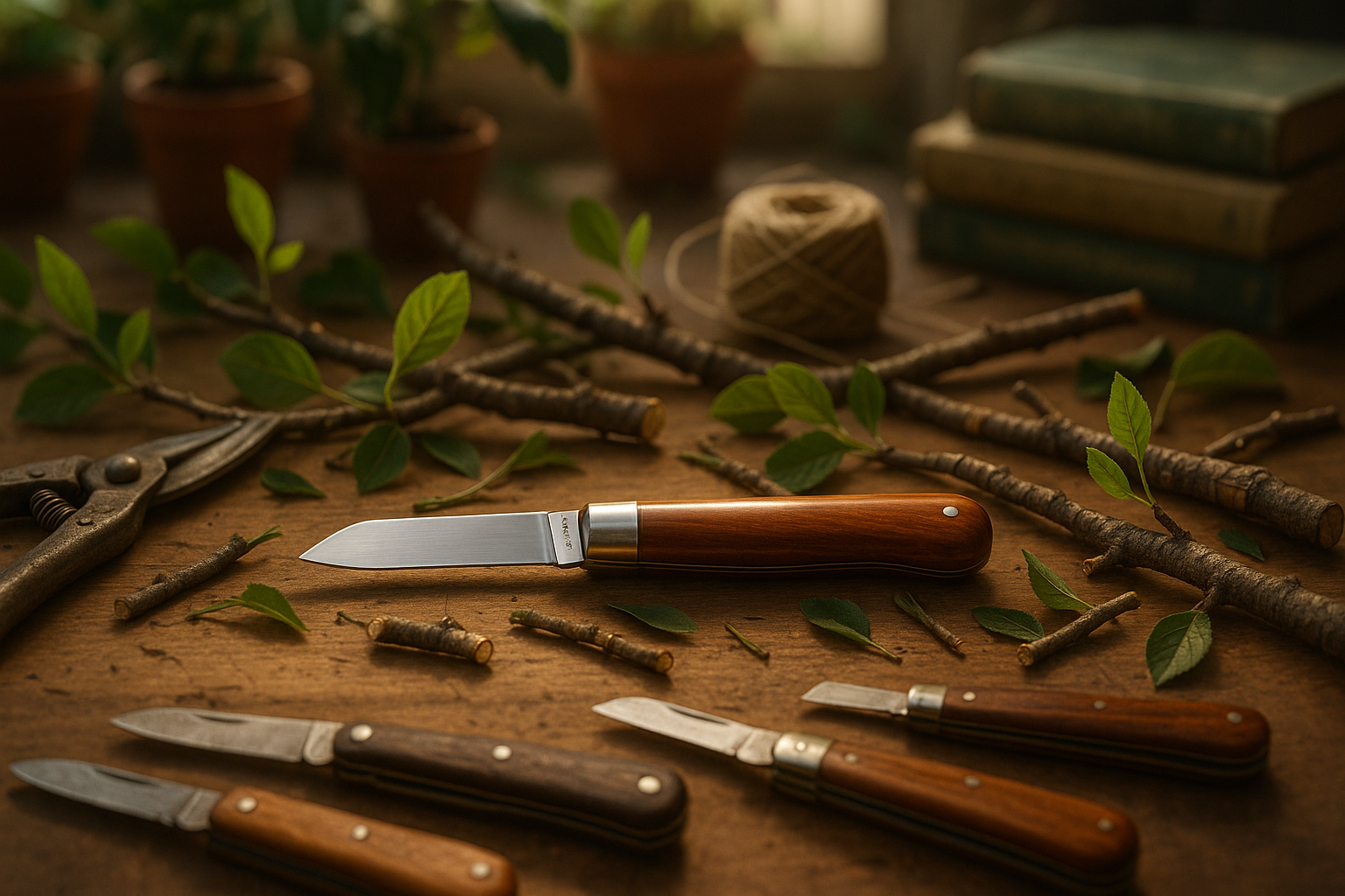 Прививочный нож с острым лезвием для точных срезов при прививке растений на фоне зелёного сада