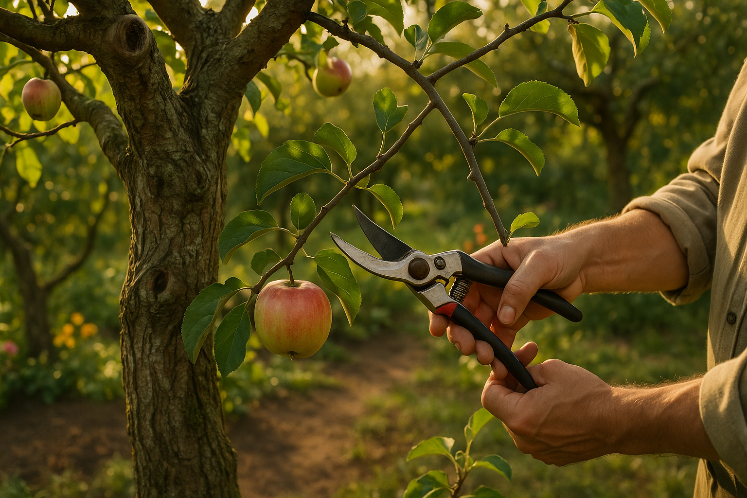 Омолаживающая обрезка старой яблони с инструментами в саду для восстановления кроны