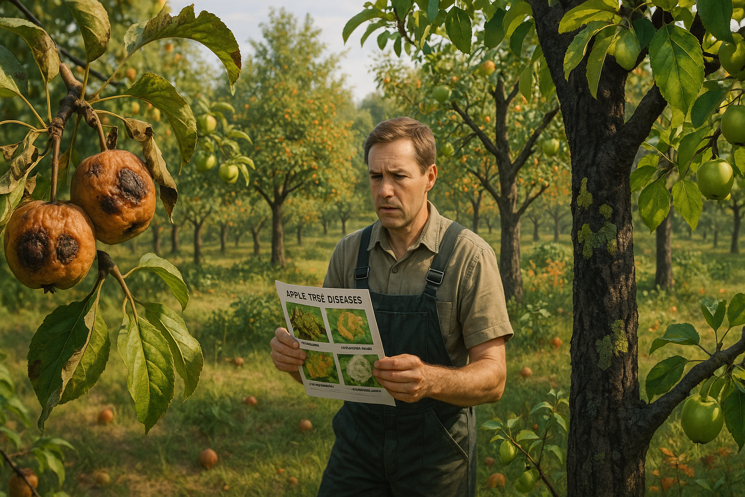 Фотографии заболеваний яблони: парша, мучнистая роса, черный рак и цитоспороз на различных частях дерева