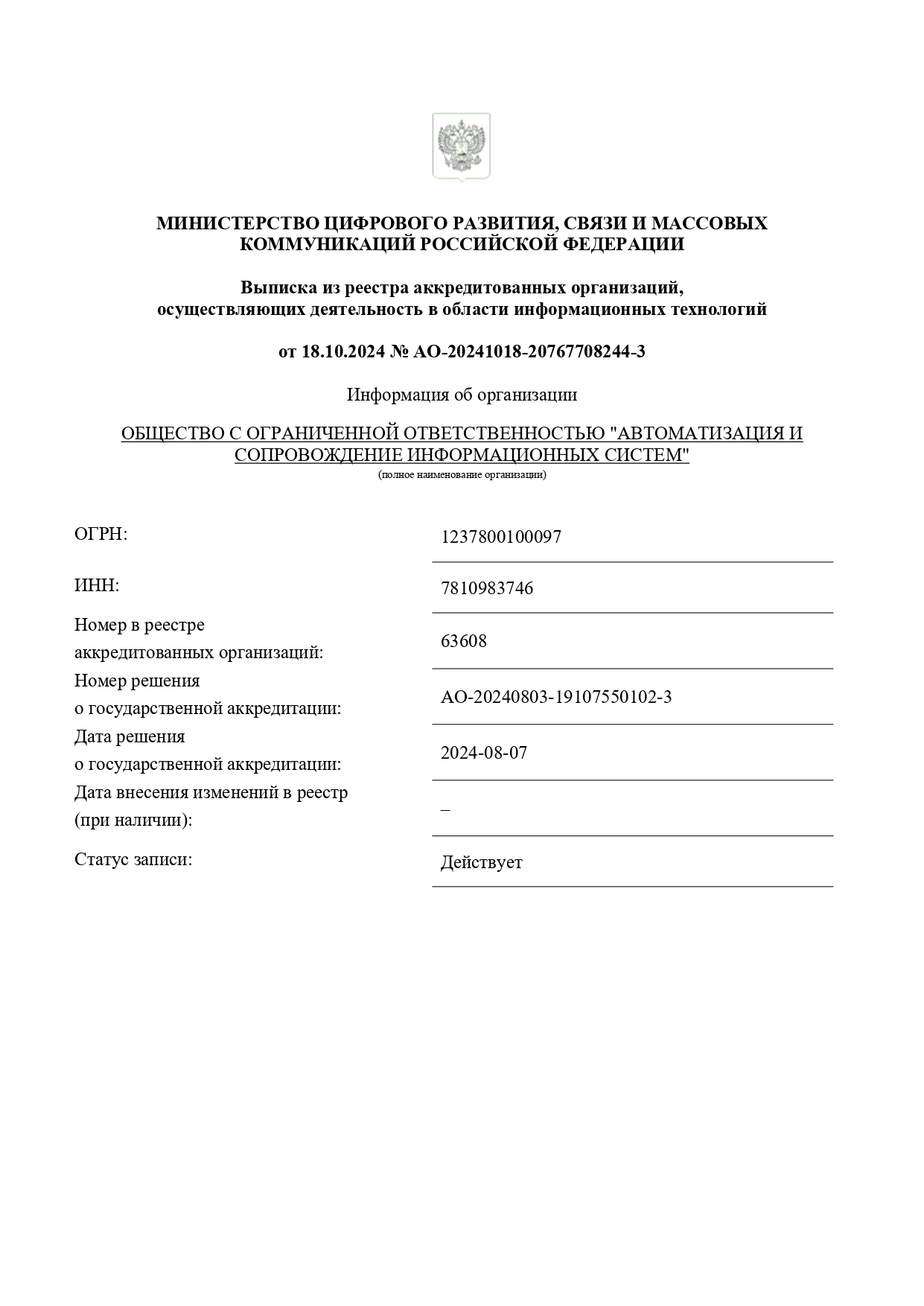 Аккредитация Минцифры РФ