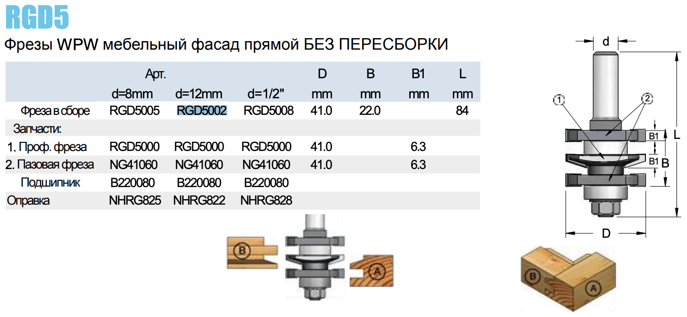 RGD5 Фрезы WPW мебельный фасад прямой БЕЗ ПЕРЕСБОРКИ