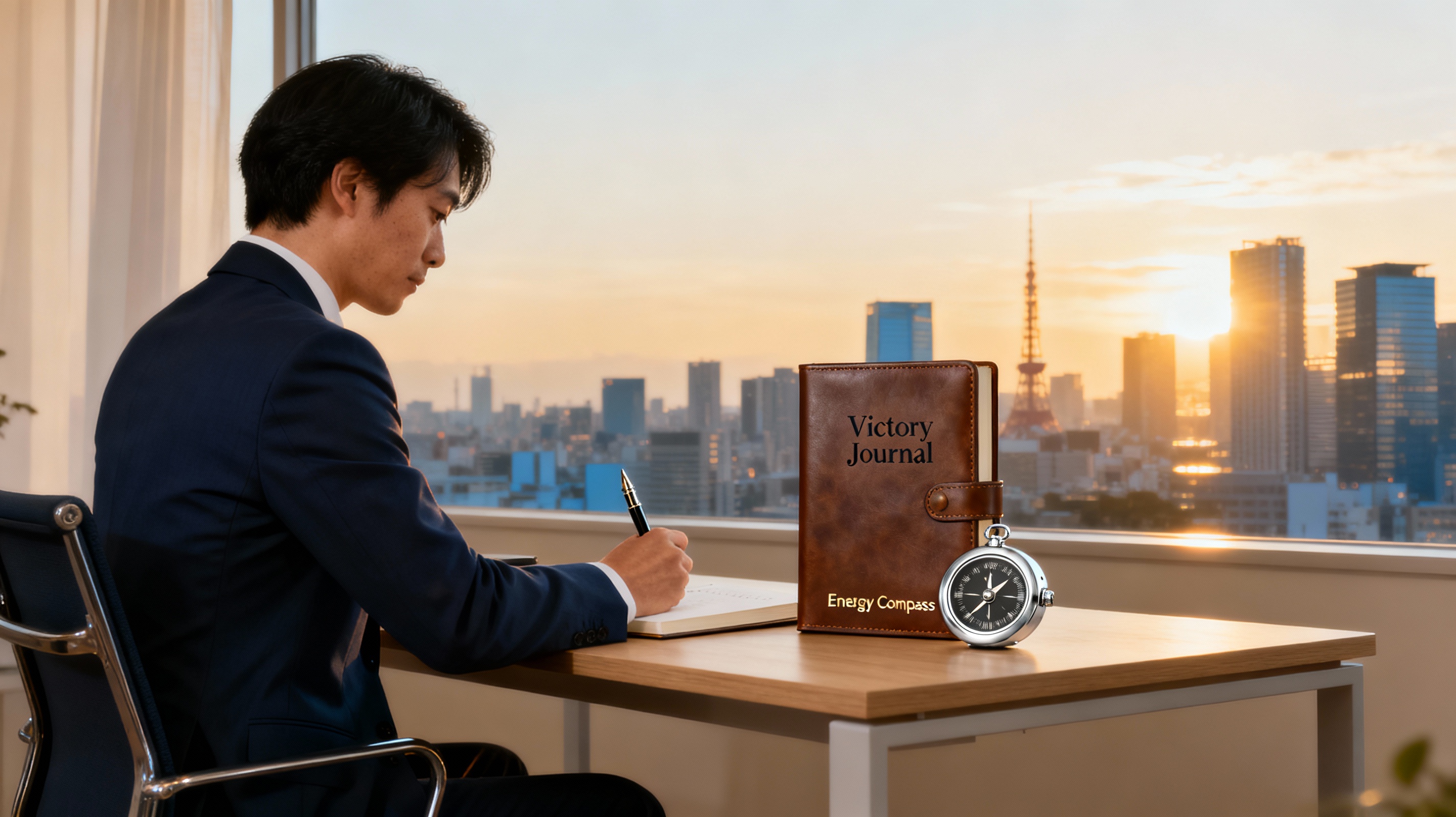 <img src="energy-executive-japan.jpg" alt="Japanese executive Energy Compass Victory Journal Tokyo skyline">