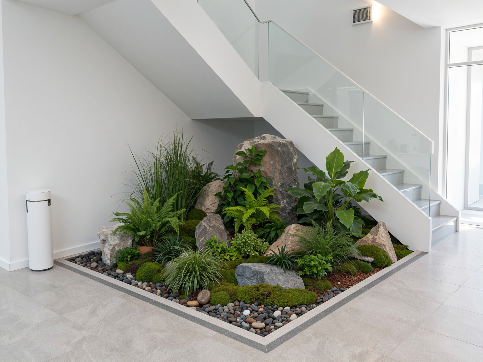 Зимний сад с искусственными растениями и камнями под лестницей